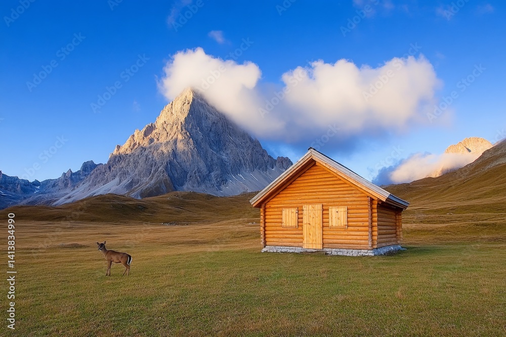 A simple wooden cabin in the mountains, a deer grazing nearby as the sun sets behind the peaks