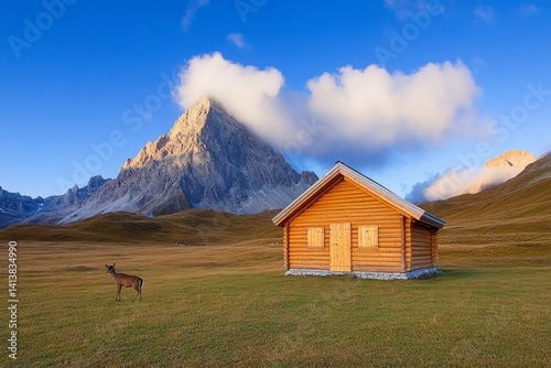Obraz na płótnie A simple wooden cabin in the mountains, a deer grazing nearby as the sun sets behind the peaks w salonie