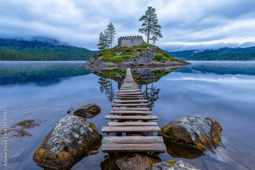 A small fort on an island in the middle of a misty lake, with an old wooden bridge leading to it