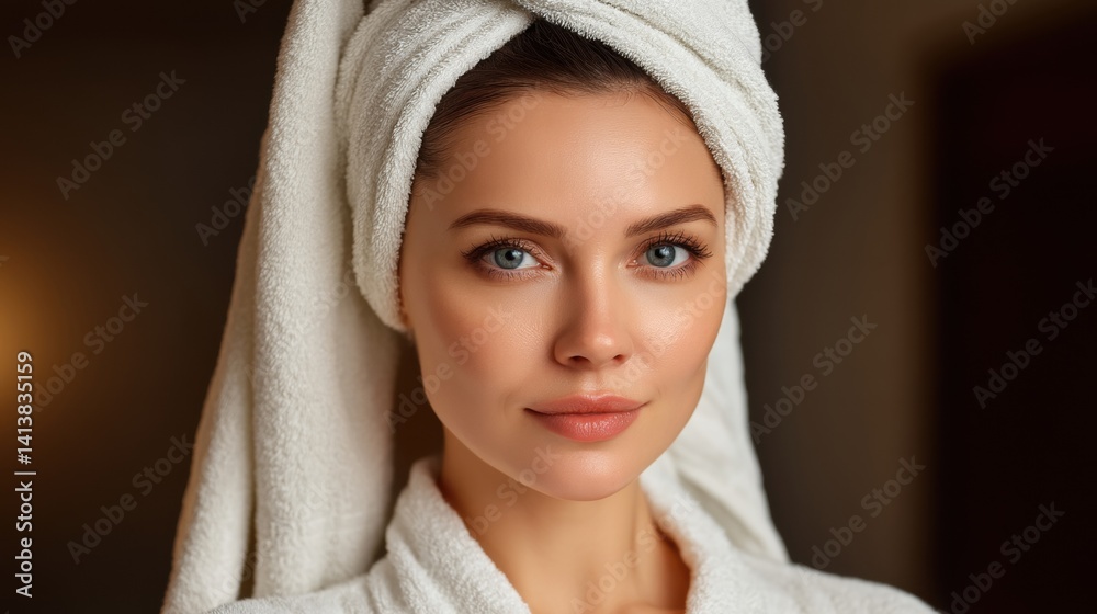 Obraz premium A serene portrait of a woman with a towel on her head, exuding a fresh and relaxed vibe, perfect for beauty and self-care themes.