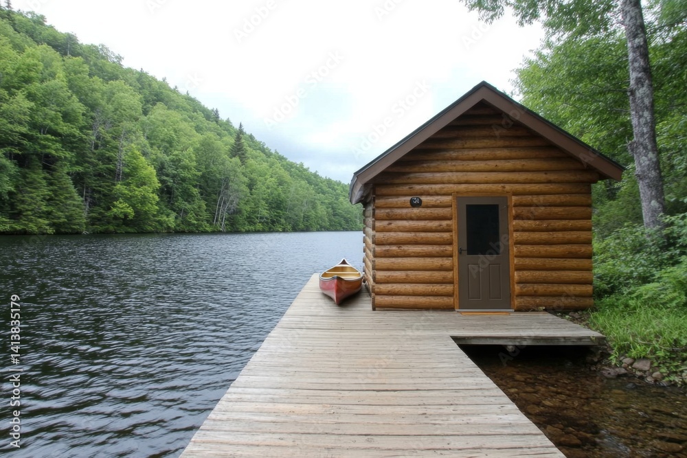 A small log cabin at the edge of a calm river, a canoe tied to the dock, ready for adventure
