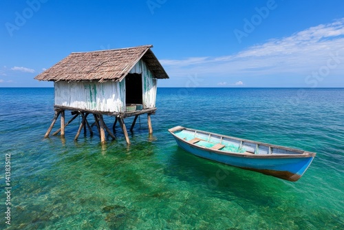 Obraz na płótnie A small fishing hut standing on wooden stilts over a calm lake, a tiny boat floating nearby w salonie