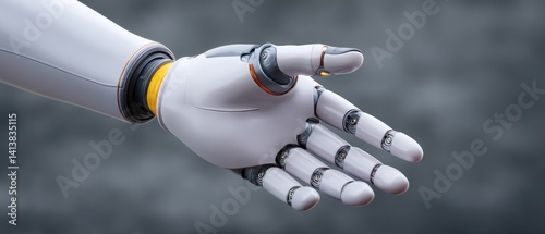 A close-up of a robotic hand showcasing advanced technology and design, emphasizing its intricate mechanics and futuristic aesthetics.