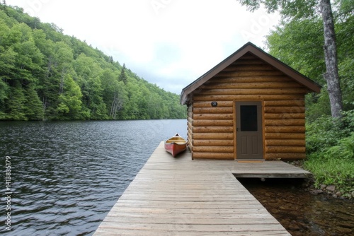 Obraz na płótnie A small log cabin at the edge of a calm river, a canoe tied to the dock, ready for adventure w salonie