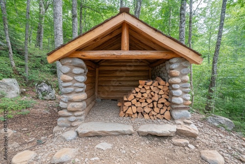 A small survivalist hut deep in the forest, with a pile of firewood stacked outside