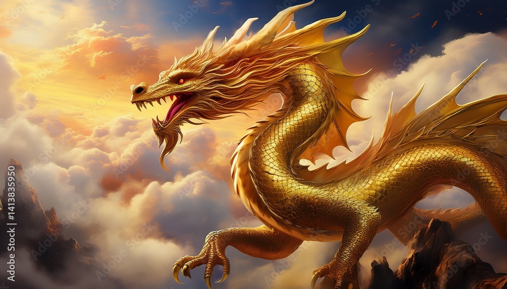Fototapeta premium 運気がアップしそうな空を飛ぶ金色の龍のイラスト。背景は夕日と雲。AIで生成 