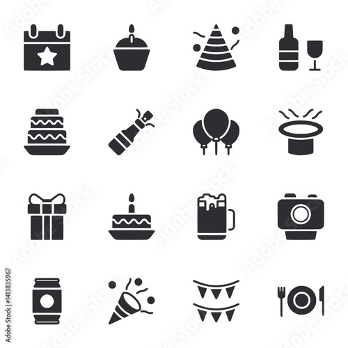 A set of black and white icons for various party and celebration items