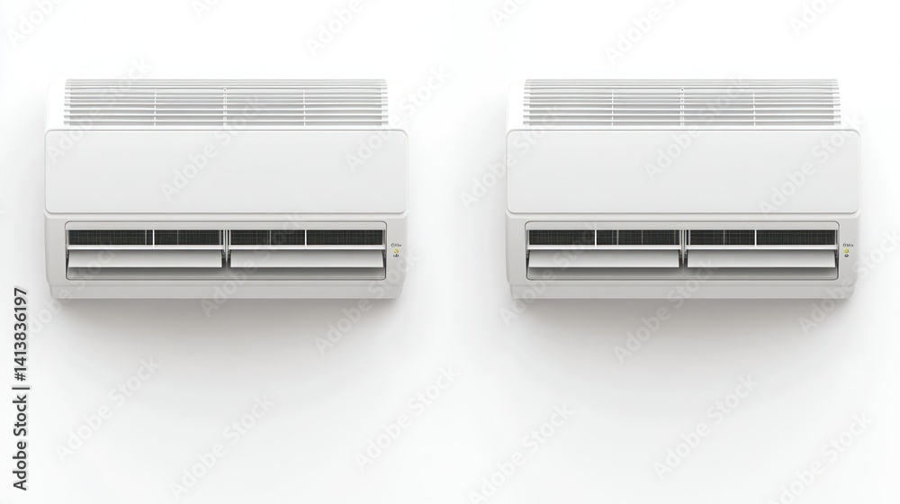 Two modern wall-mounted air conditioners on a white wall Two modern wall-mounted air conditioners on a white wall