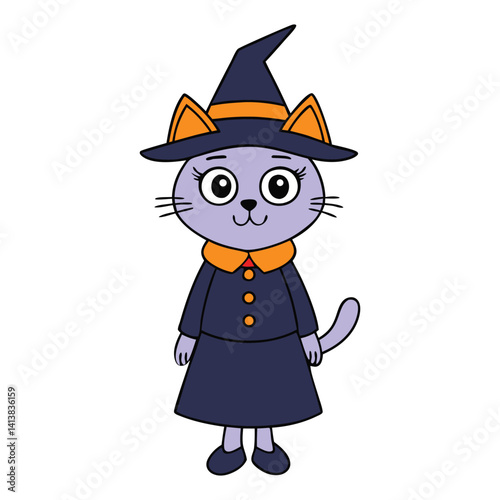 A cute cat dressed as a witch with a pointy hat and cloak, sitting on a broomstick under the moonlight, casting playful spells with a tiny wand.