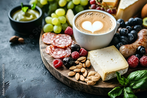 Gourmet charcuterie board with cheese and grapes