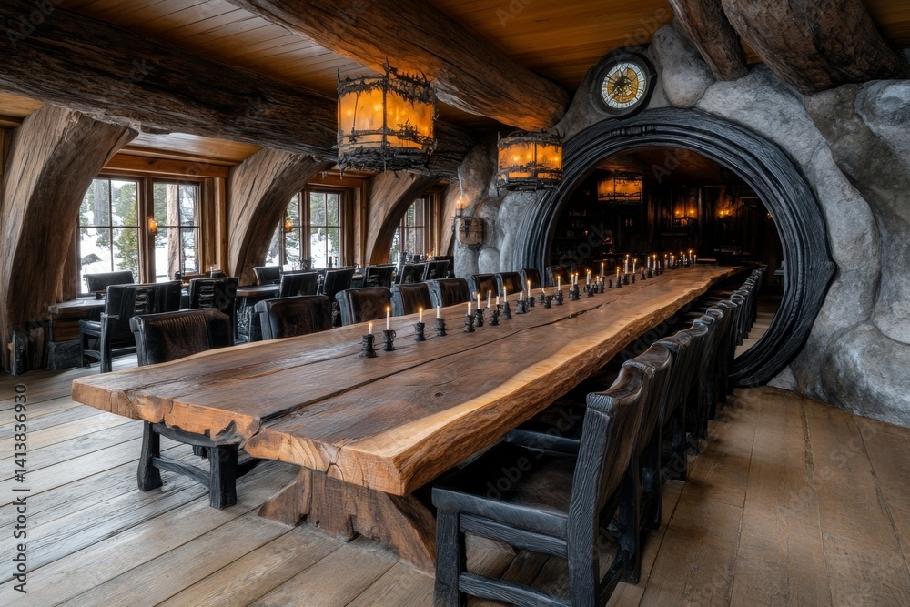 A vampire’s hidden log cabin retreat, filled with ancient books and candle-lit chandeliers