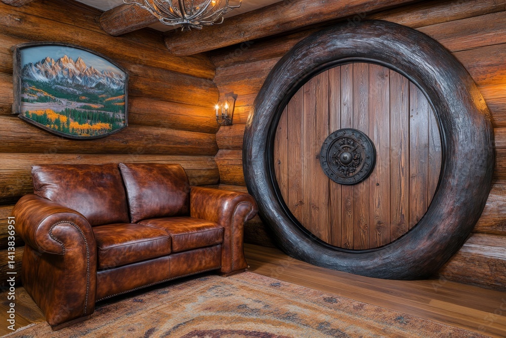 A vampire’s hidden log cabin retreat, filled with ancient books and candle-lit chandeliers