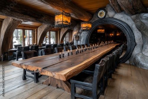 A vampireâ€™s hidden log cabin retreat, filled with ancient books and candle-lit chandeliers