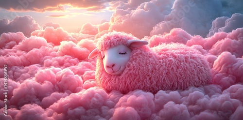 Pink Sheep Dreaming on Cotton Candy Clouds: A Serene Digital Painting
