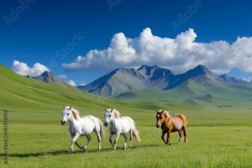 A vast Mongolian steppe with wild horses running across the open plains