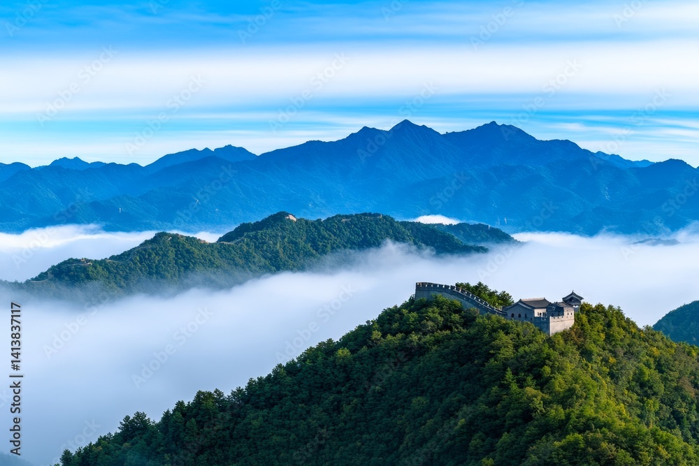 A view of the Great Wall of China stretching across misty mountains in the morning light