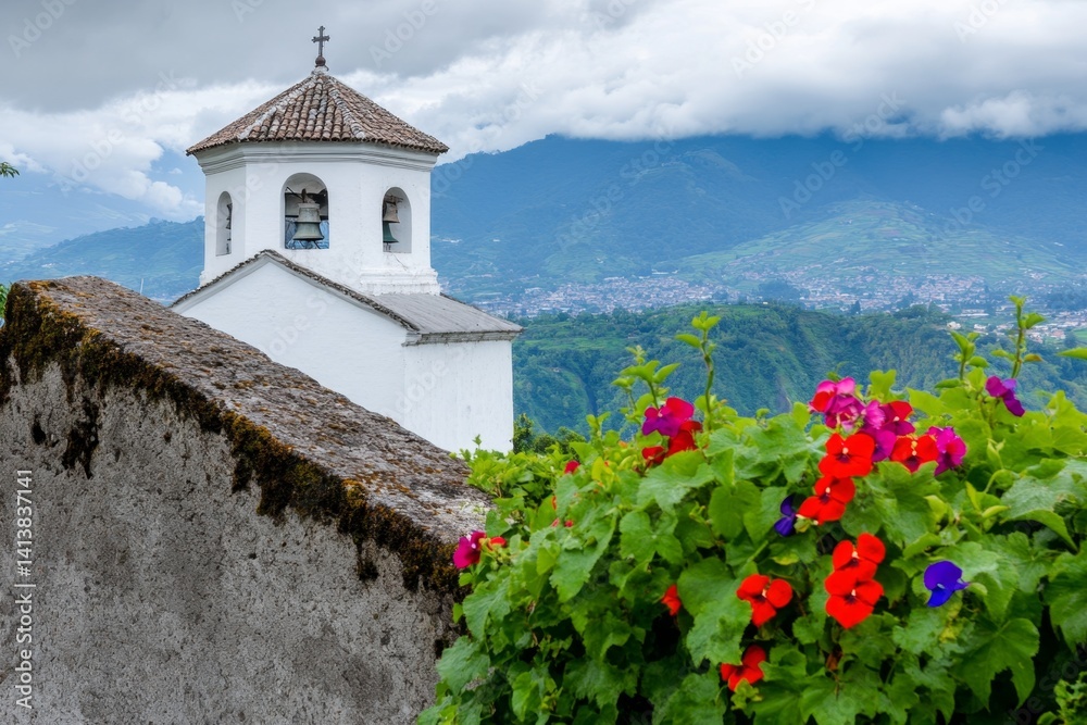 A vine-covered colonial church in Quito, Ecuador, showcasing Spanish architectural influence