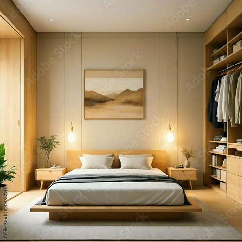 Generative ai minimalist bedroom with a low bed with a light wood frame, ambient lighting, built-in wardrobe, and artistic wall decorations with earthy nuances.