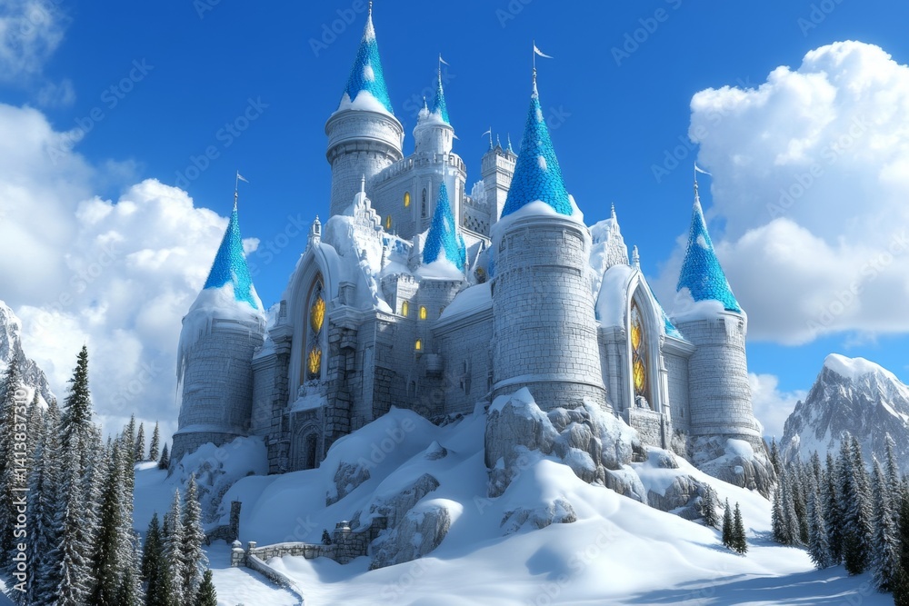 A winter castle scene with snow-covered turrets and glowing windows, nestled in the heart of a pine forest