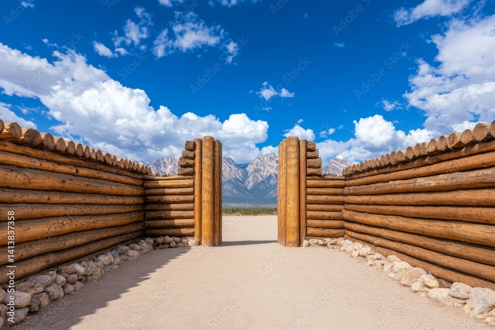 A wooden frontier fort in the American Wild West, surrounded by a tall wooden stockade