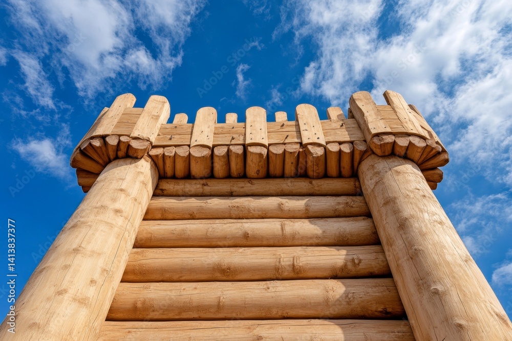 A wooden frontier fort in the American Wild West, surrounded by a tall wooden stockade