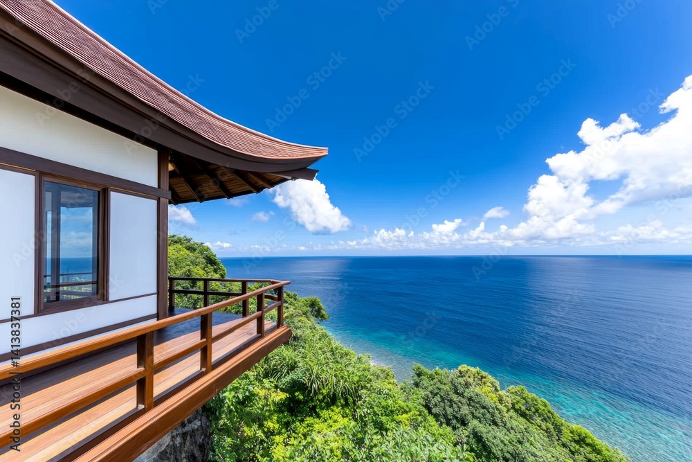 A wooden hut perched on a high cliff, overlooking the endless ocean below