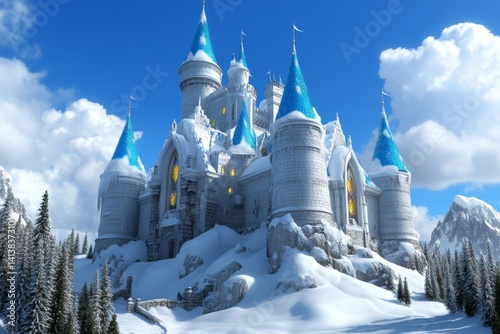 Obraz na płótnie A winter castle scene with snow-covered turrets and glowing windows, nestled in the heart of a pine forest w salonie
