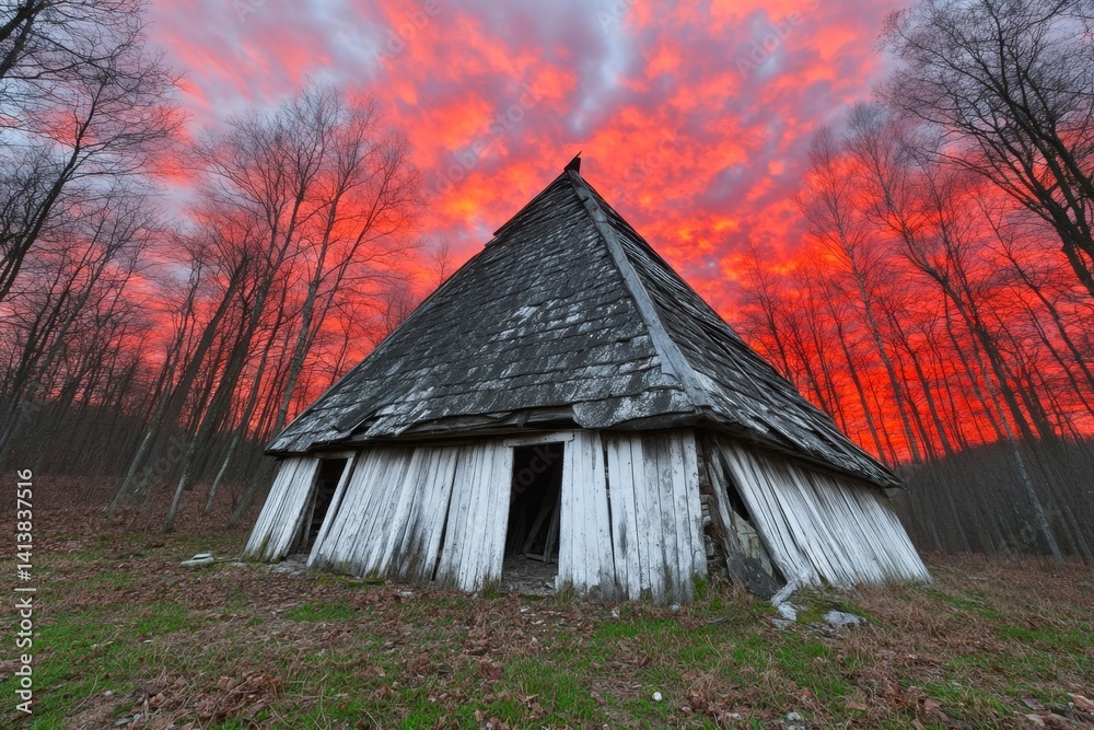 An abandoned hut in a dead forest, its broken roof barely holding together under a blood-red sky