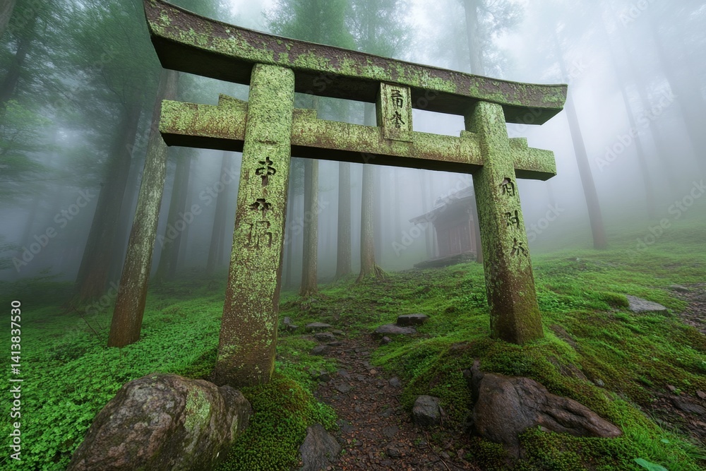 An abandoned samurai village, its torii gates broken and shrouded in thick ghostly mist