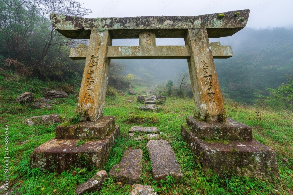 An abandoned samurai village, its torii gates broken and shrouded in thick ghostly mist