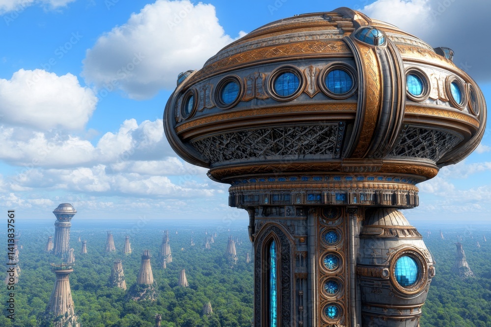 An ancient elf fortress, hidden within the tallest trees of an enchanted forest
