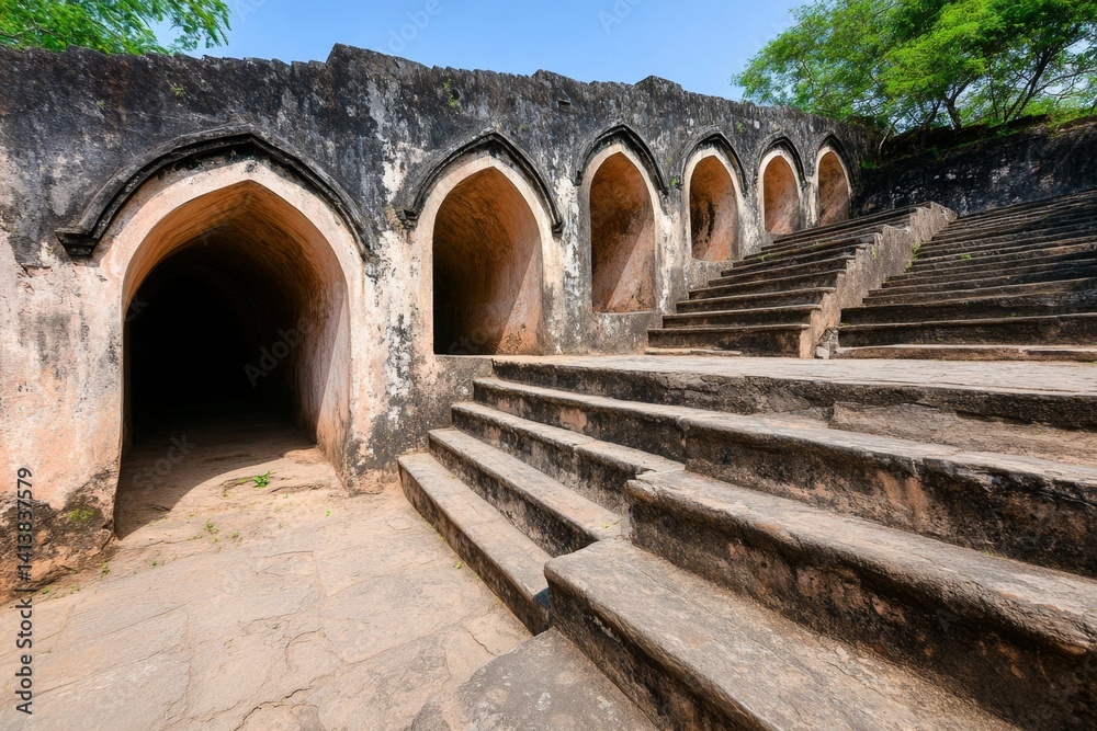 An ancient fortress in ruins, covered in creeping vines and haunted by spectral warriors