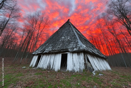 Obraz na płótnie An abandoned hut in a dead forest, its broken roof barely holding together under a blood-red sky w salonie
