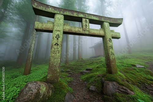 Obraz na płótnie An abandoned samurai village, its torii gates broken and shrouded in thick ghostly mist w salonie