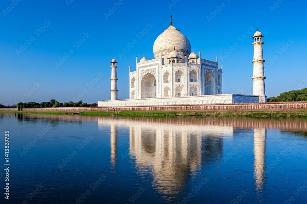The Taj Mahal reflecting in the still waters of the Yamuna River during sunrise