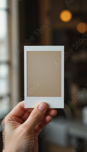 Hand holds blank instant photo warm light background. AI Generated