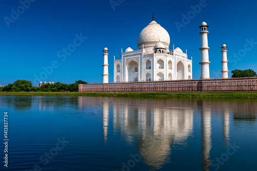 Obraz na płótnie The Taj Mahal reflecting in the still waters of the Yamuna River during sunrise w salonie