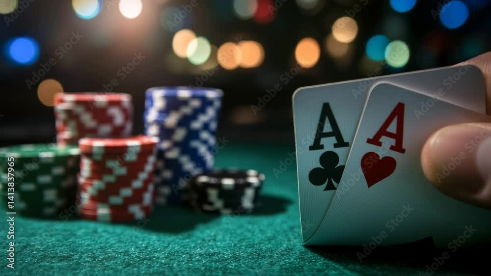 Hand reveals two aces and chips in poker game