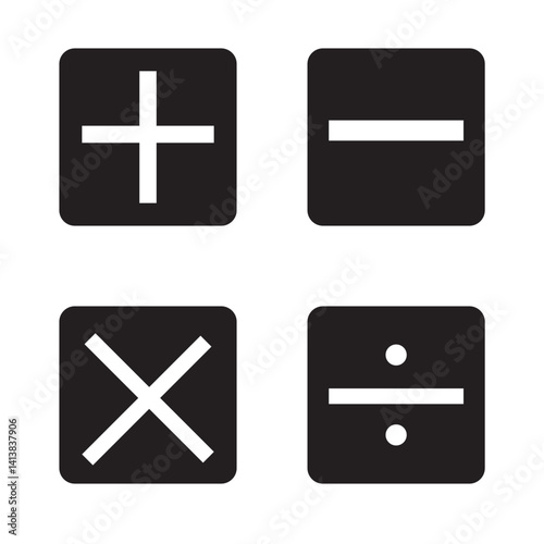 Set of Math icons. Colorful variety arithmetic plus, minus, equal, multiply and divide signs isolated on white background. Vector design elements.