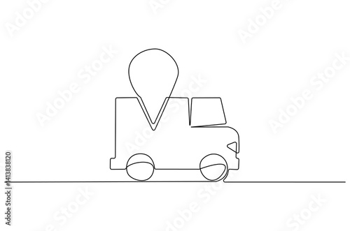 Continuous one line drawing of  Truck with location. Single line drawing illustration of Delivery truck with location pin. Transportation of logistic concept vector art. Doodle line illustration.