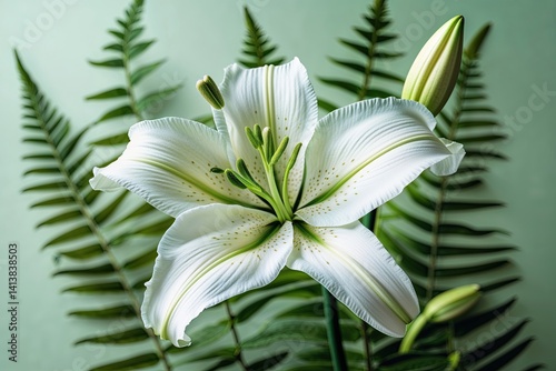 Beautiful White Lily Petal Isolated on Light Green Fern Background