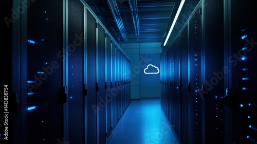 Cloud server room, data center, blue lights, network infrastructure, digital technology