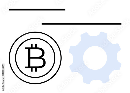 Bitcoin coin beside gear shape suggests blockchain operations, cryptocurrency finance, and tech innovation. Ideal for fintech, crypto investment, blockchain systems, process management, tech