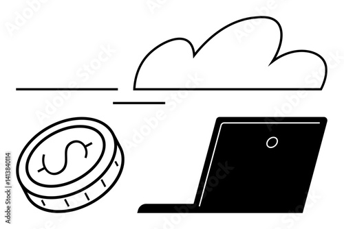 Coin with dollar sign near laptop under cloud icon, symbolizing cloud-based finance, digital economy, fintech solutions. Ideal for finance, savings, internet banking, startups, technology simple