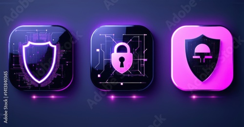 Futuristic black and neon purple cybersecurity news app icon with shield lock and threat radar realistic detailed glossy style round square shape modern app icon bold vibrant c