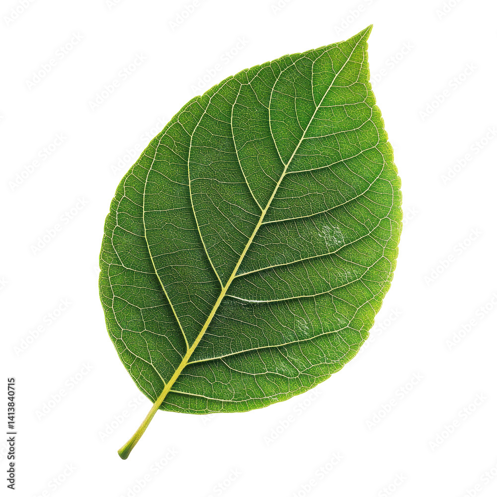 Obraz premium Close up of a green leaf isolated on a Transparent background showcasing natural texture and detail, Isolated image leaf on PNG background