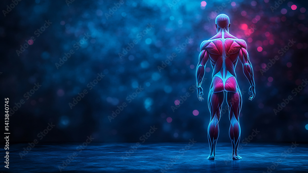 Obraz premium Anatomical Illustration Of Human Muscle Structure And Tissue Showing Muscular System With Pink And Blue Glow,Back View,On Dark Abstract Background