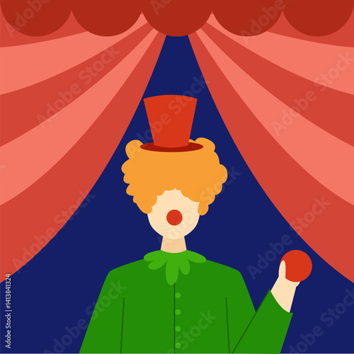 A clown dressed in green with a red hat performs inside a circus tent, holding a juggling ball.