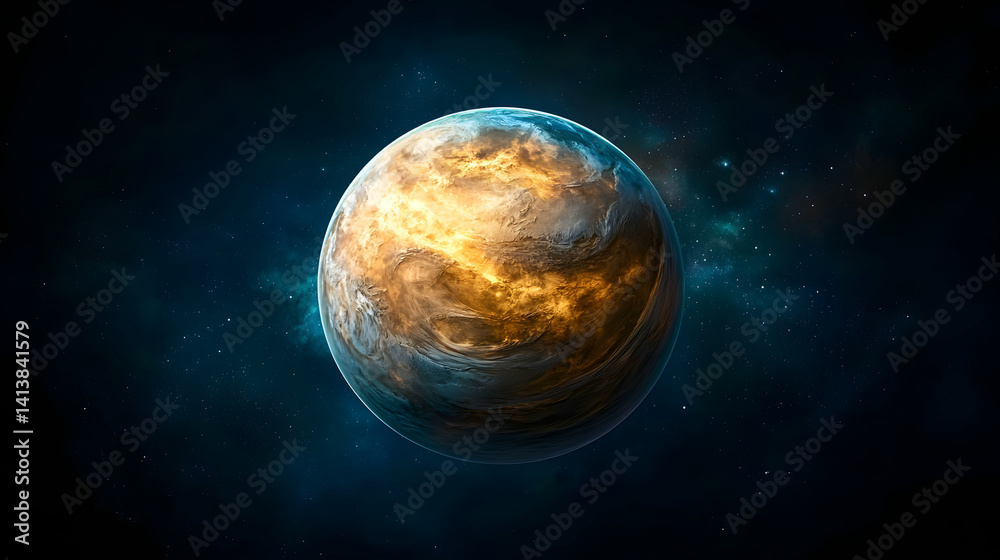 Fototapeta premium Glowing Gold and Blue Planet in Dark Space Nebula