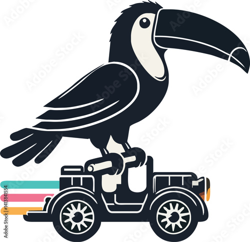 Cartoon toucan, vintage jeep, minimalist design, black and white illustration, rainbow stripes, whimsical, quirky transportation, bird driving, retro style, flat color, graphic art, playful concept, c